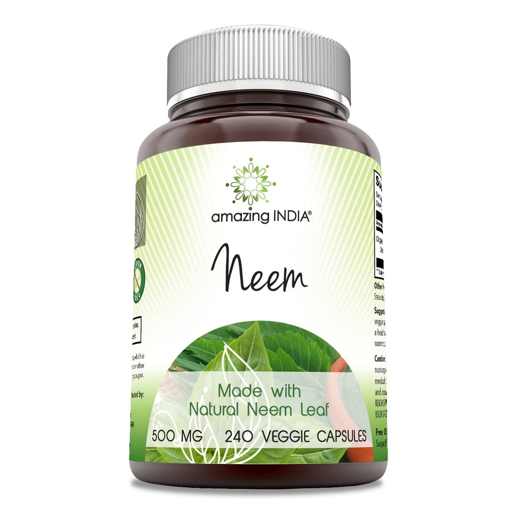מדהים הודו Neem (Made with Natural Neem Leaf) 500 מ"ג תוספי קפסולות Veggie | Non-GMO | Gluten Free | Made in USA | מתאים לצמחונים (240)