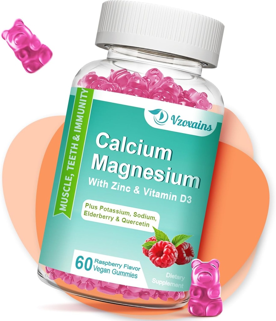 High Absorption Calcium Gummies, Calcium Magnesium Zinc with Magnesium Glycinate, Potassium, ויטמין D3 עבור נשים וגברים- Raspberry Flavored 60 Cts