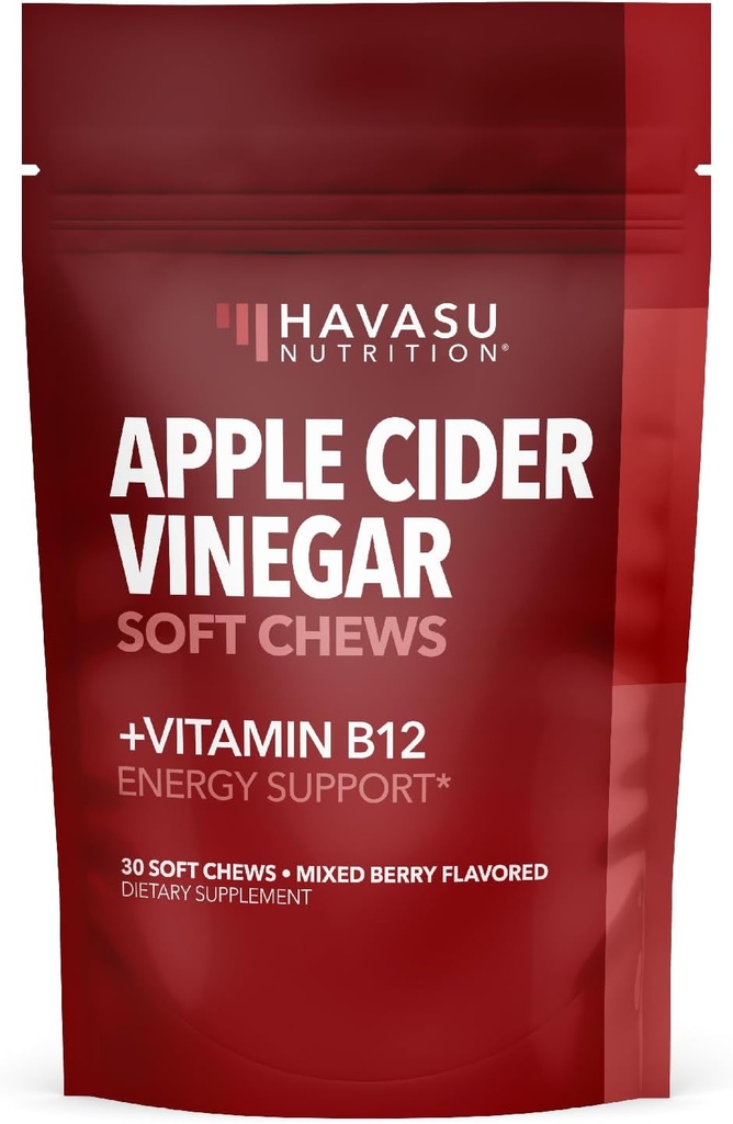 Apple Cider Vinegar Chews עם ויטמין B12 ו- Folate - תוסף ACV נוח לאנרגיה ולבריאות העיכול - 30 Count - Individually Wrapped - מעורב ברי פלפור, טבעוני - חודש אספקה