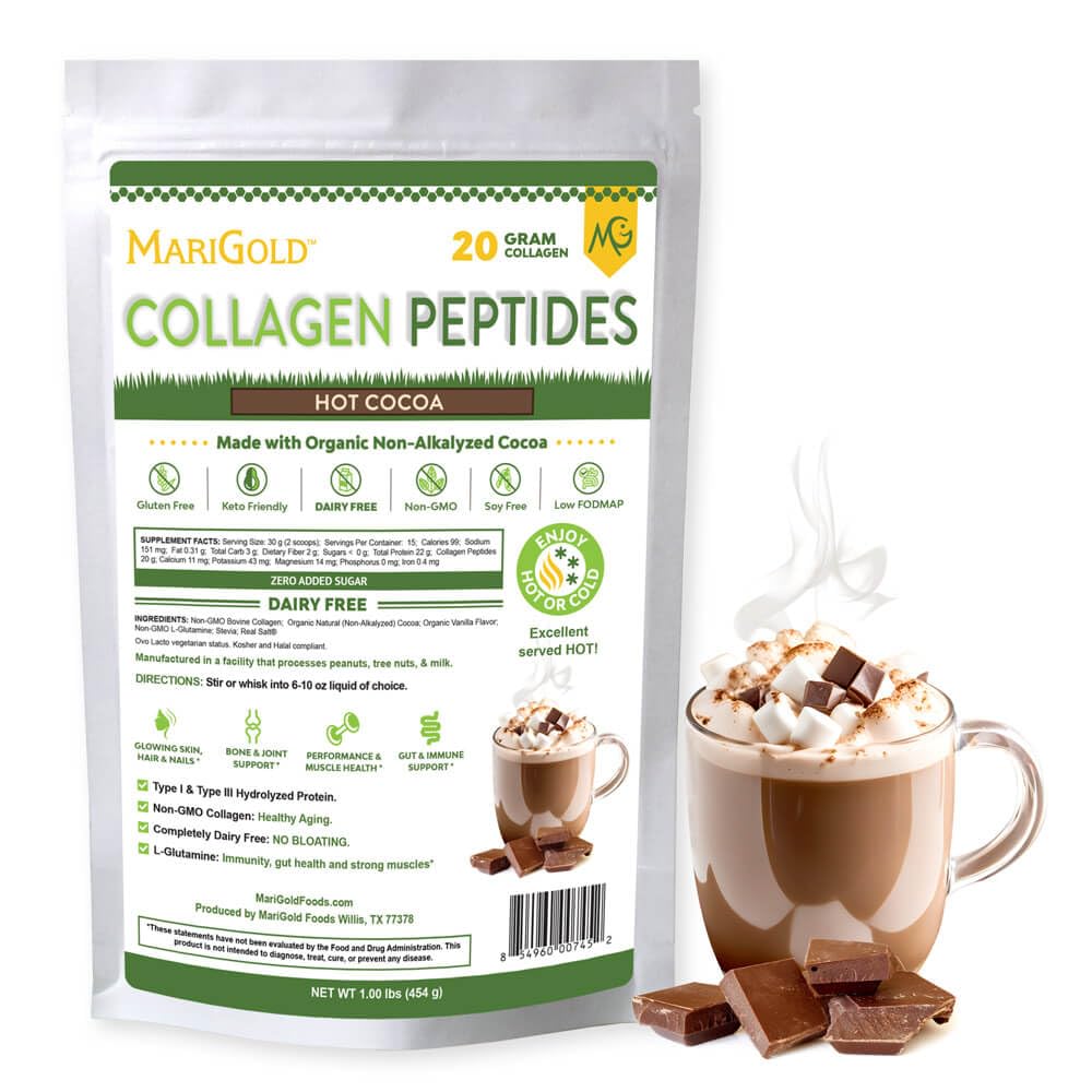 MaryGold Grass-fed Collagen Peptides אבקת Hot Cocoa 1LB - 100% טהור, סוג I & III Bovine hydrolyzed Collagen, non-GMO, הורמון חופשי, Soy Free, Gluten Free, חלב חינם, Keto-ידידותי
