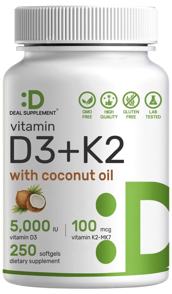 ויטמין D35,000 IU + K2 MK7 100mcg Softgels | 2in-1 מורכב עם שמן קוקוס הבתולה