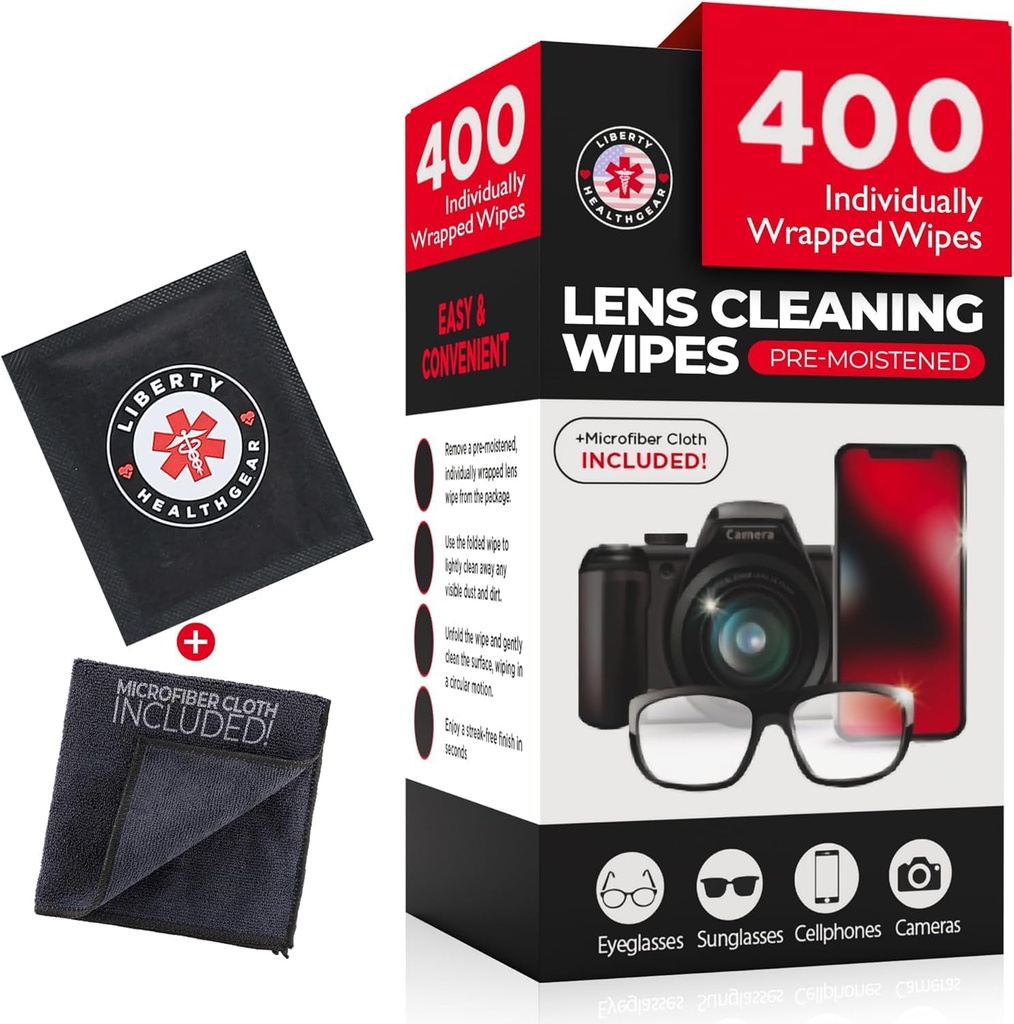 400 משקפיים לנקות Wipes + microfiber Cloth עבור משקפיים ו Lens ניקוי יותר | Pre-Moistated, Individually Wrapped, פחות אלכוהול פורמולה | Lens Wipes for Eyeglass, משקפיים עיניים, Lenses & מסך