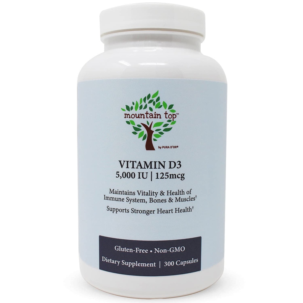 MOUNTAIN TOP ויטמין D3 5000 IU 125mcg קפסולות (300 הרוזן) מסייע לתמוך בבריאות החיסון, עצמות חזקות ושיניים, ותפקוד שרירים - non-GMO, Gluten-FreeFree