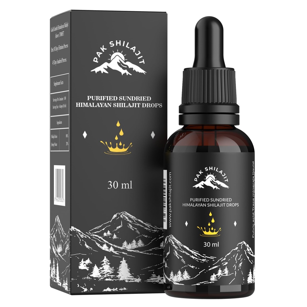 PakShilajit® Sun Dried ההימלאיה Shilajit Liquid Drops, Most Premium & Organic Gold Scored Shilajit Drops מעל 17000FT (30ML Pack), Rich in Fulvic Acid Natural Acid