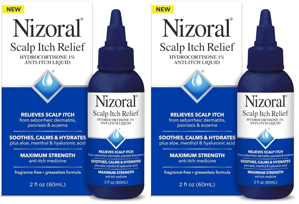Nizoral Scalp Itch Relief נוזל - Relieves Scalp Itch ו Soothes, Calms וhydrtes עם כוח מקסימלי Anti-Itch רפואה (Hydrocortisone 1%), 2 Fl Oz (Pack of 2)