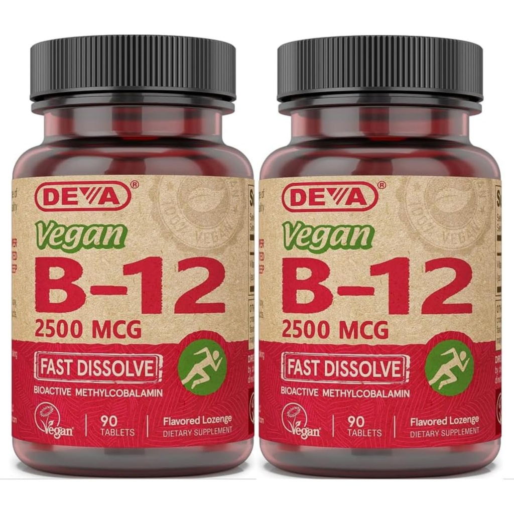 DEVA Vegan ויטמינים B-12, High Potency 2,500 mcg B12, Dissolve מהיר, Sublingual, 90 טבליות (Pack of 2)