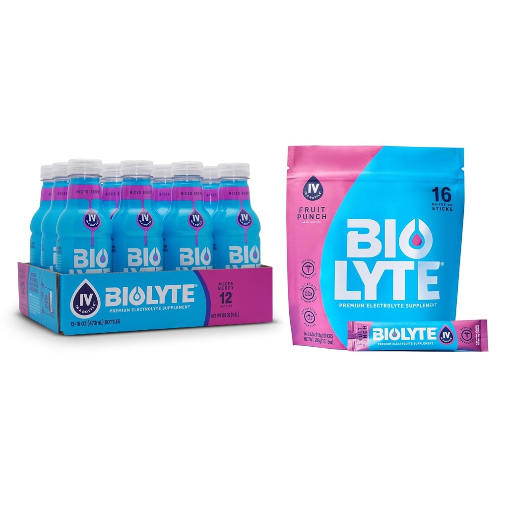 BIOLYTE Electrolyte Drink & IV hydrotion Drink Mix - Doctor-Formulated FSA & HSA אלקטרוליטים נוזל, אבקת Rehydration אבקת Packets, Chemotherapy חייב להיות עבור נשים וגברים - ברי, 12 בקבוקים, 16 Sticks