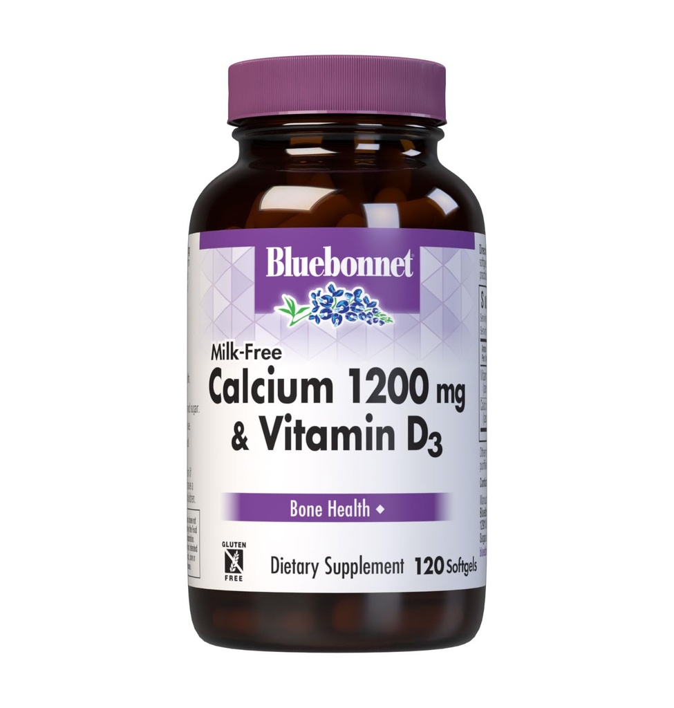 Bluebonnet Nutrition Milk-Free Calcium 1,200 מ"ג פלוס ויטמין D3 400 IU - High Potency, מקסימום Absorption חזק העצםs & Immune Health Support, Gluten-Free, Milk-Free, 120 Softgels