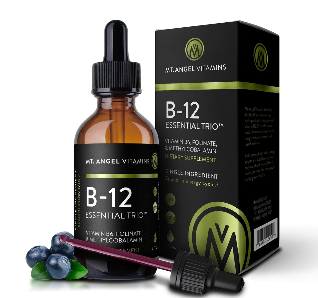Mt. Angel ויטמינים - B12 Essential tri - טיפות משנה טבעוניות עם High-Potency Methyl B12, B6 & Folate - Easy Absorption - Non-GMO, Made in USA