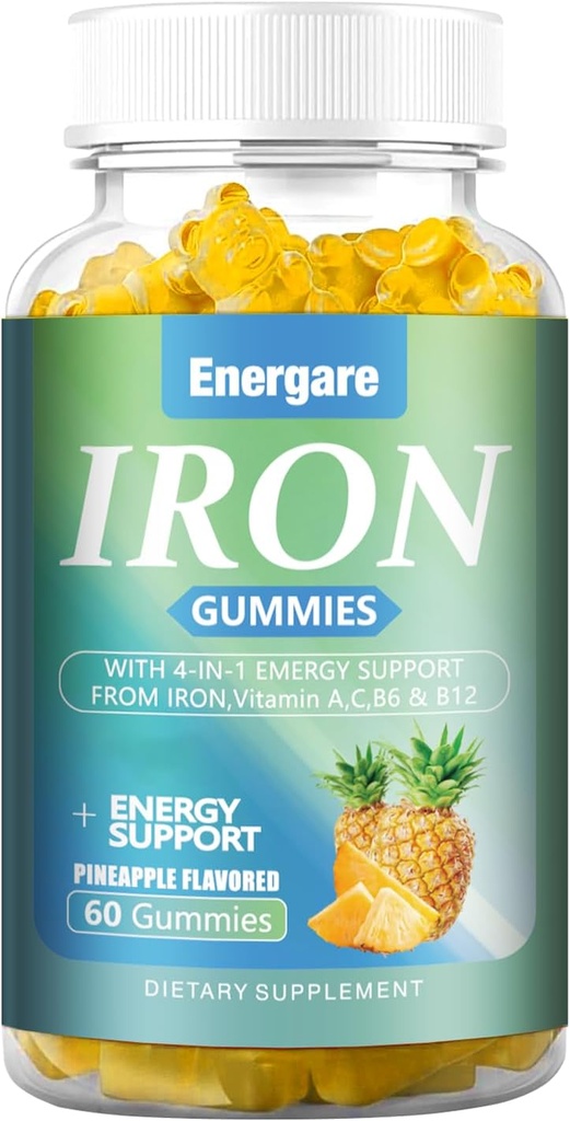 1 Pack 100Mg ברזל תוספת חניכיים עבור נשים וגברים - ויטמין A, C, B - תמיכה באנרגיה עבור הגנה על ברזל, אנמיה, מבוגרים וילדים, Pineapple Flavor Gummy, 60 Counts
