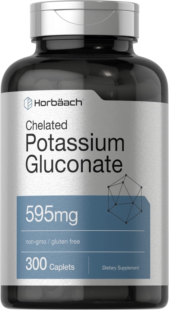 Horbäach Chelated Potassium Gluconate תוסף 395 מ"ג | 300 Caplets | Vegetarian, non-GMO, Gluten Freeten