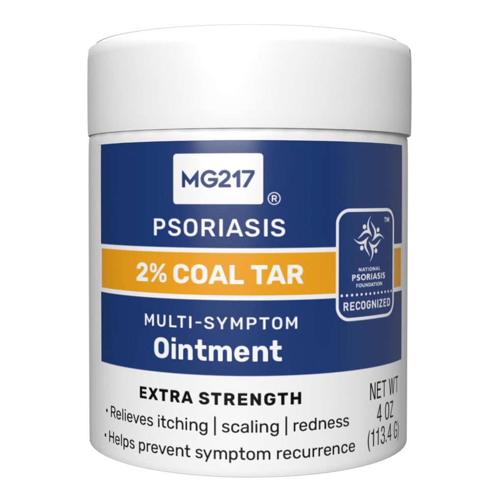 MG217 2% Coal Tar Ointment עבור Psoriasis, תוספת כוח Multi Symptom הקלה, ביעילות Relieves Itching, Scaling, Redness, ויטמין A, D ו- E, 4 oz Jar