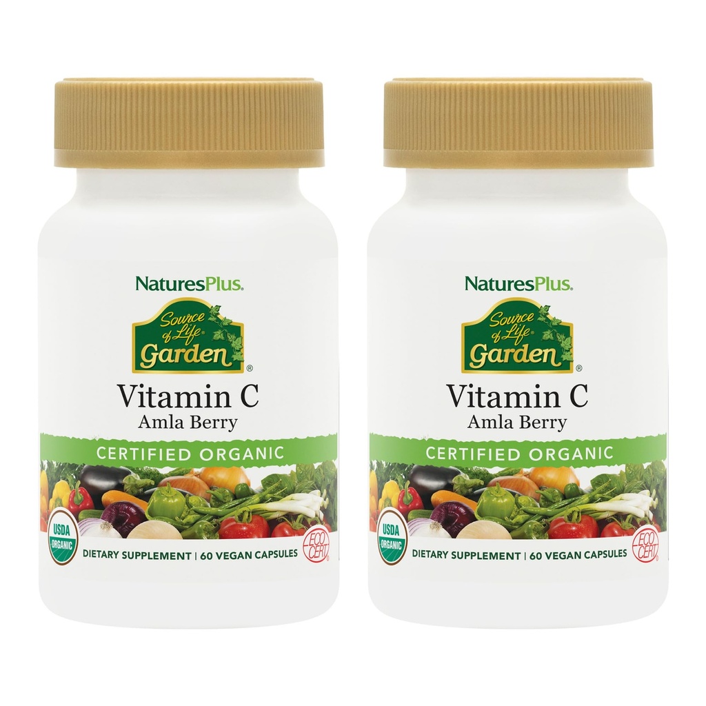 NaturesPlus Source of Life Garden ויטמין C - 60 קפסולות טבעוניות, Pack of 2 - Immune System Support - מוסמך אורגני, non-GMO, Gluten Free - 60 שרתים מלאים