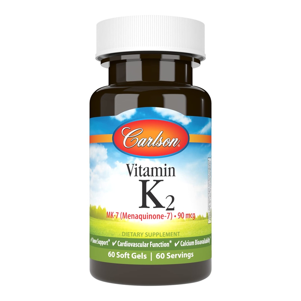 קרלסון - ויטמין K2 MK-7 (Menaquinone), 90 mcg, תמיכה העצם, Calcium Bioavailability, K2 ויטמין K-2, 60 Softgels