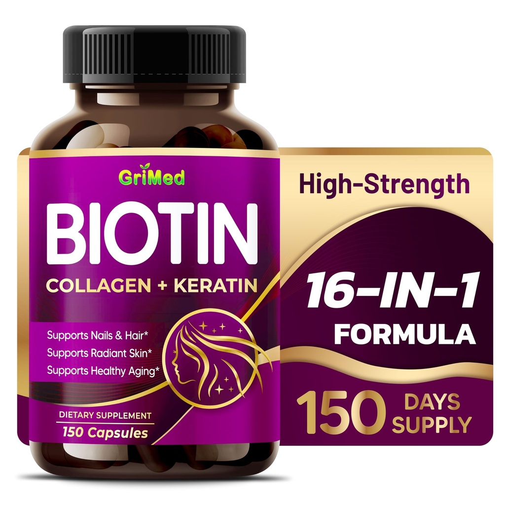 GriMed BIOTIN עם Collagen + Keratin 7,275 מ"ג ציפורניים חזקות שיער, עור רדנט, הזדקנות בריאה ארה"ב Made & Tested (150 Count (Pack of 1))