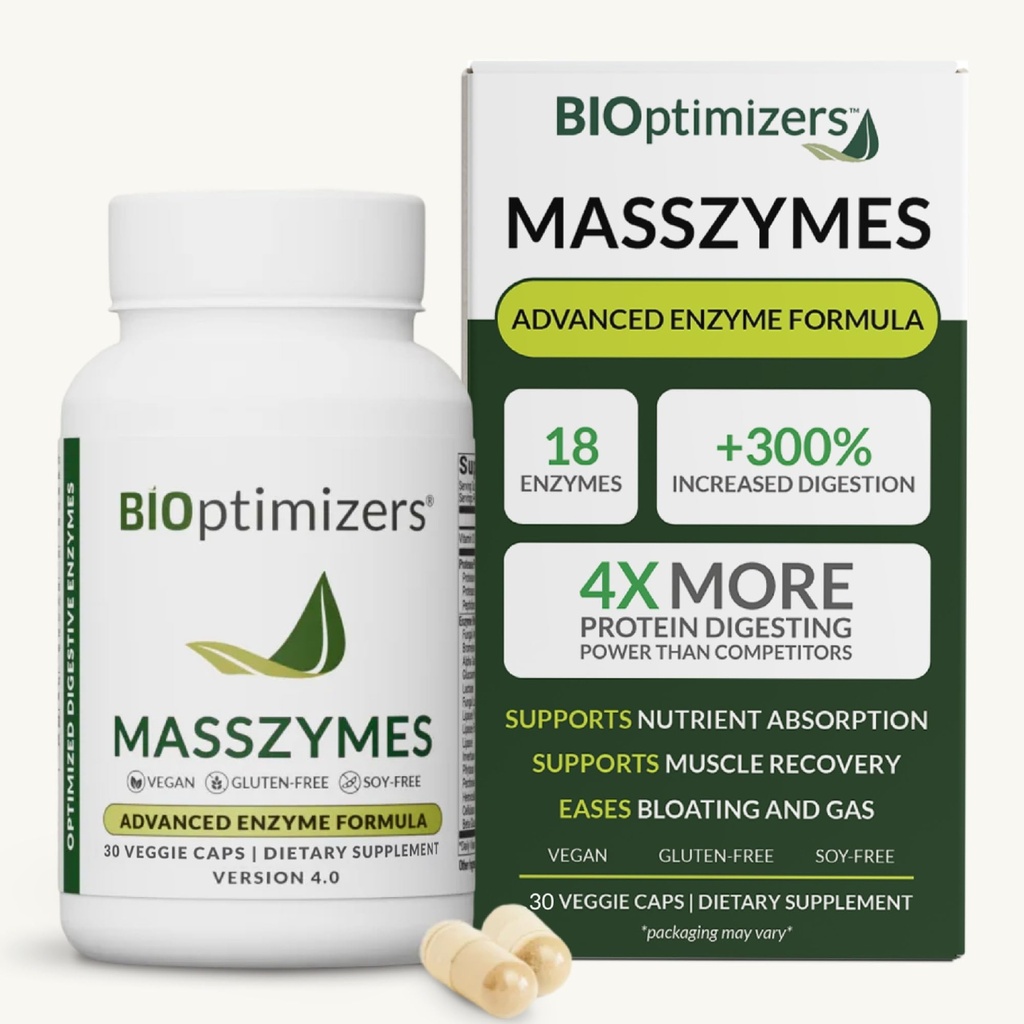 BIOptimizers MassZymes - תוסף Enzymes משלימה לבריאות Gut - ניצול עבור גברים ונשים - Lipase Amylase Bromelainive Enzy (30 קפסולות)