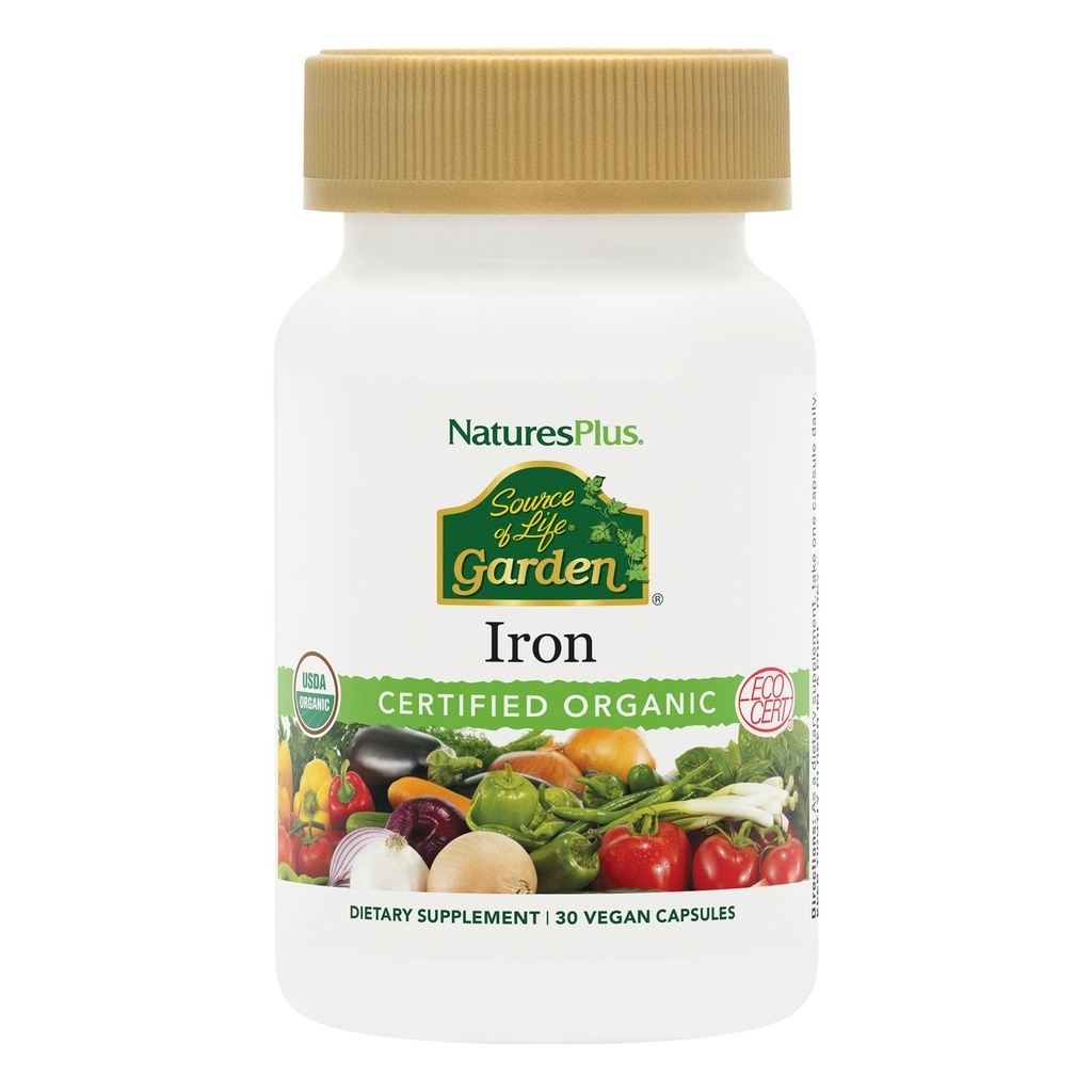 NaturesPlus Source of Life Garden Certified Family Iron 18 מ"ג Cap - 30 קפסולות טבעוניות - תוסף ברזל מבוסס צמחי - תומך דם בריא - Vegetarian, Gluten-Free - 30 משרתים