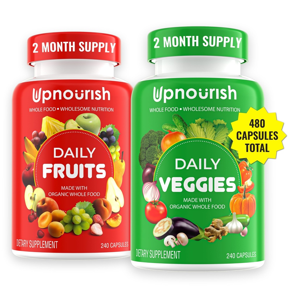פירות אורגניים UpNourish ו- Veggies תוסף - תמיכה דיאטה, ניקוי גוף ואנרגיה - 480 פירות וסופר ירוק כמוסות טבע - פירות וירקות תוספי מזון למבוגרים & ילדים