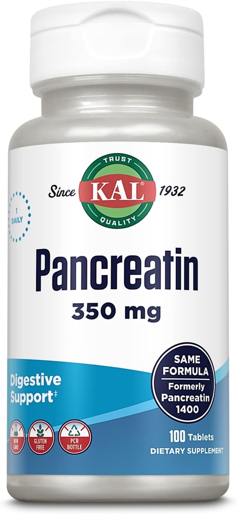 KAL Pancreatin 350 מ"ג, Enzymes for Women and Men, Pancreatic Enzymes for Digestive Health Support, Gluten Free, Non-GMO, Rapid Disintegration, 60-Day Promise, 100 משרתים, 100 טבליות