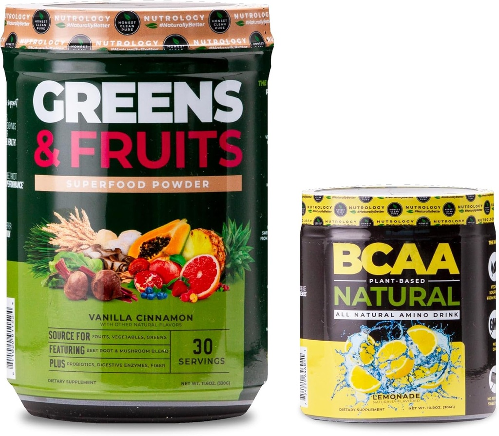 Nutrology Greens & פירות אבקה-Naturly Sourceed Superfood, Vanilla Cinnamon (30 משרתים) BCAA טבעי, צמחי מבוסס BCAA אבקת, Lemonade Flavor (30 משרתים)