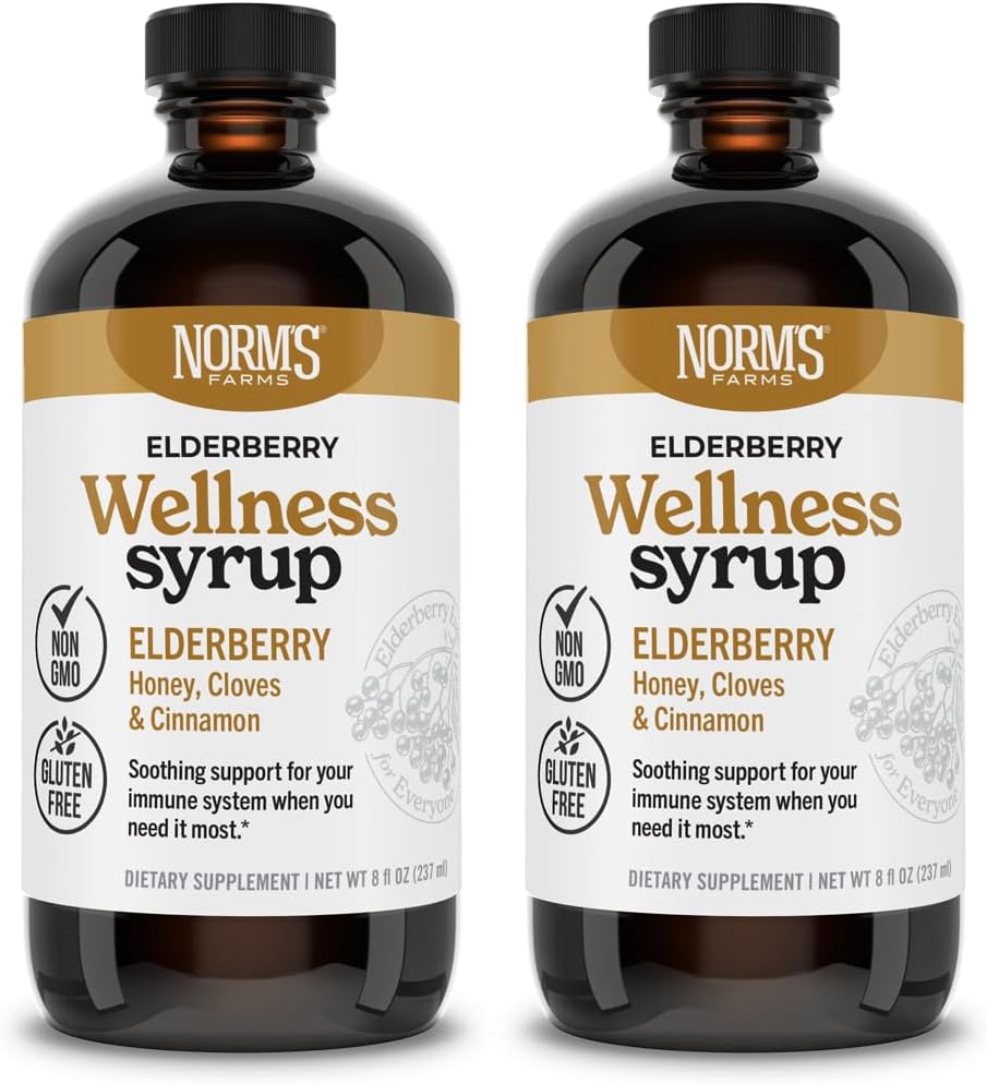 החווה של נורם Black Elderberry Syrup with Honey, Cinnamon & Cloves - Made in USA, Natural Immune Support, No Alcohol or Fillers, Gluten-Free, non-GMO, טבעוני, Pure Elderberry סירופ - 2PK 8 Oz