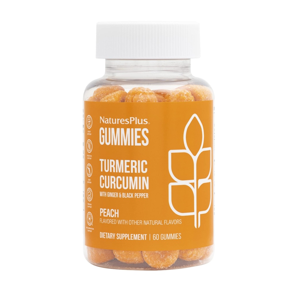 NaturesPlus Gummies Turmeric Curcumin - 60 מסטיקנים, Peach - תמיכה משותפת, Digestive & Cardiovascular Health - טבעוני, Gluten Free, non-GMO - 30 משרתים