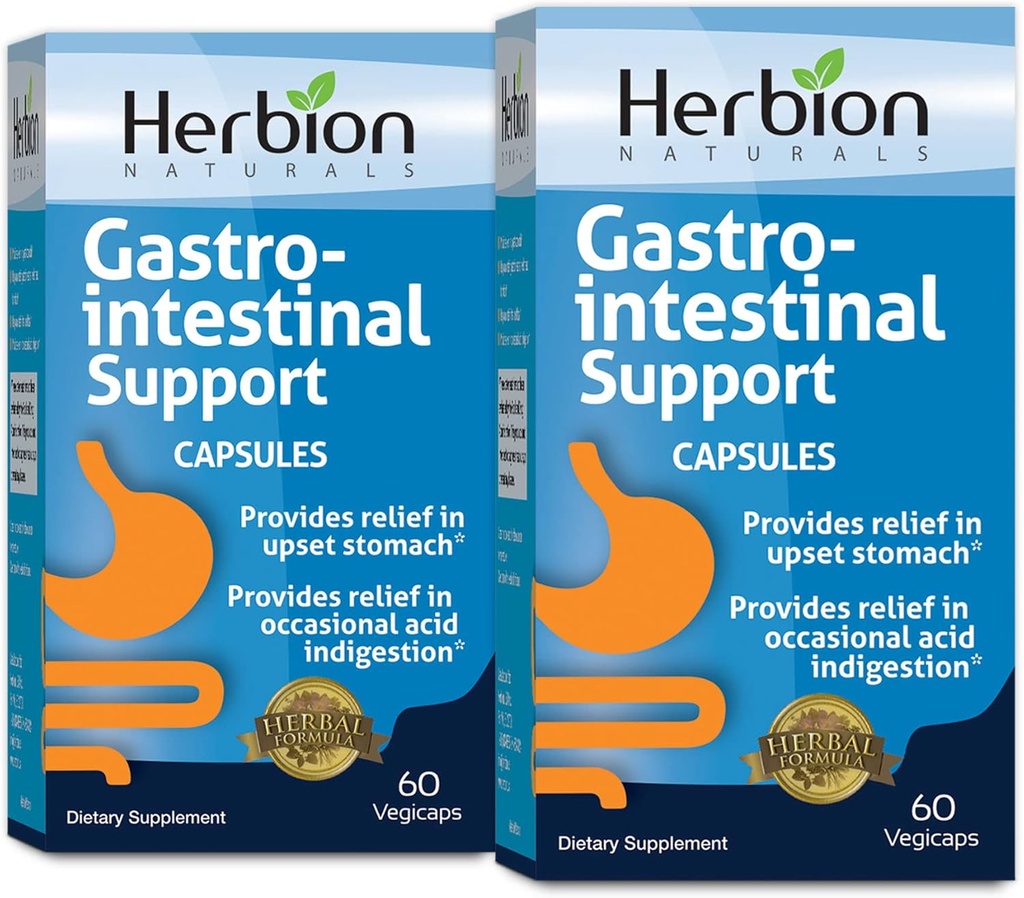 HERBION Naturals Gastro- מעיים תומך ב-Herbal Band for Upset Stomach Relief, Gastro gut Health and Function, Occasional Acid Indigestion, Healthy Intestinal Flor, 60 Vegicaps - Pack of 2