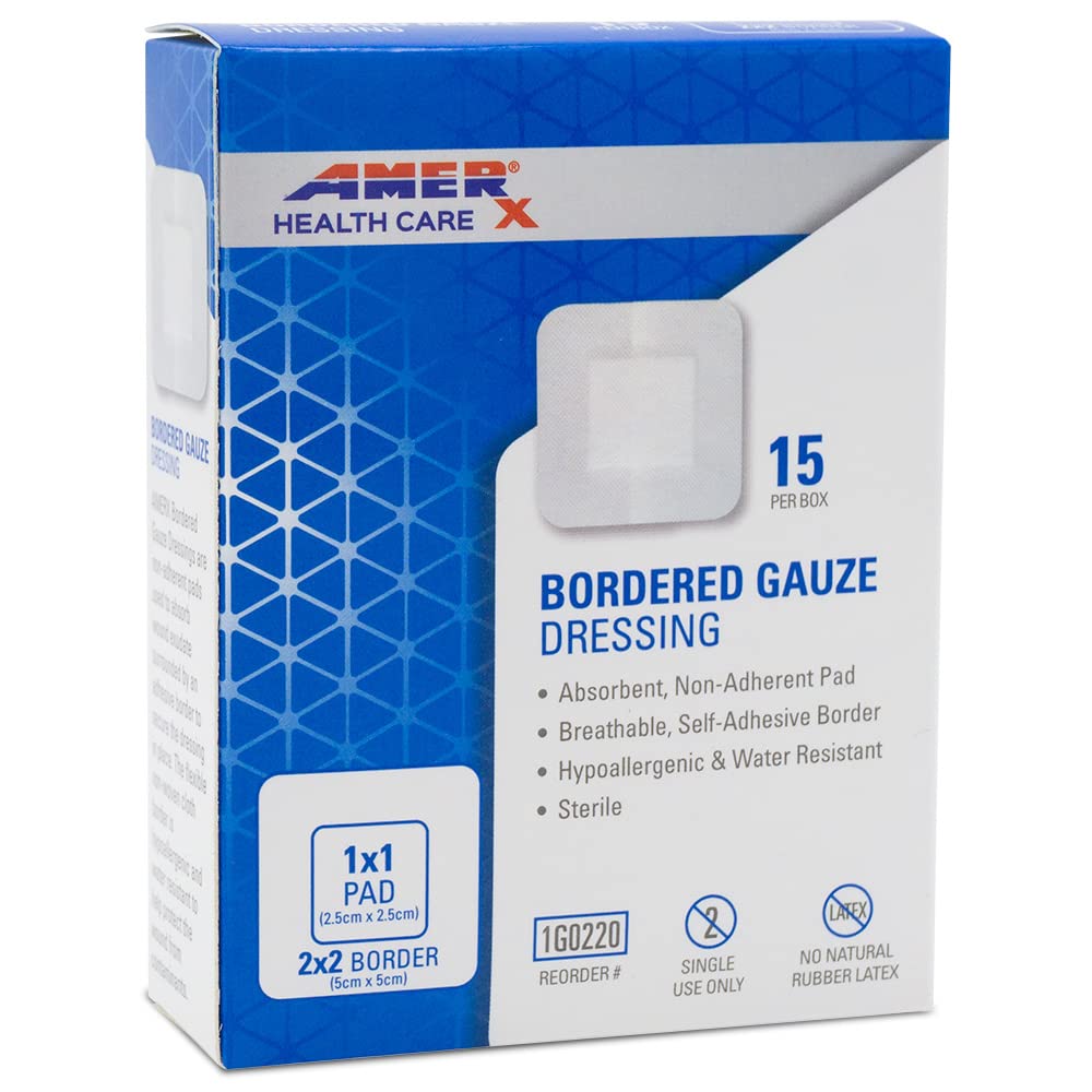 2 " x 2" Dressing (1x1 Pad) AMERX Bordered Gauze - Adhesive Bandages - Water Resistant Barrier - Self Adhesive Border - נשימה, Hypoallergenic - 15 פאות Per Box