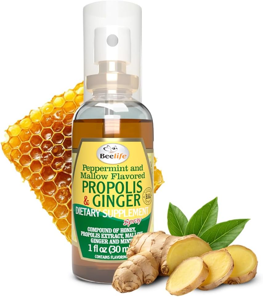 BeeLife Propolis גרון Spray - Soothing Honey & ג'ינג'ר פרפוליס - תמיכה טבעית Immune & Sore גרון הקלה, Antioxidants, Rich in Flavonoids & Artepillin C, No Sugar, Gluten-Free - 1-Pack, 30 מ"ל, 30 מ"ל