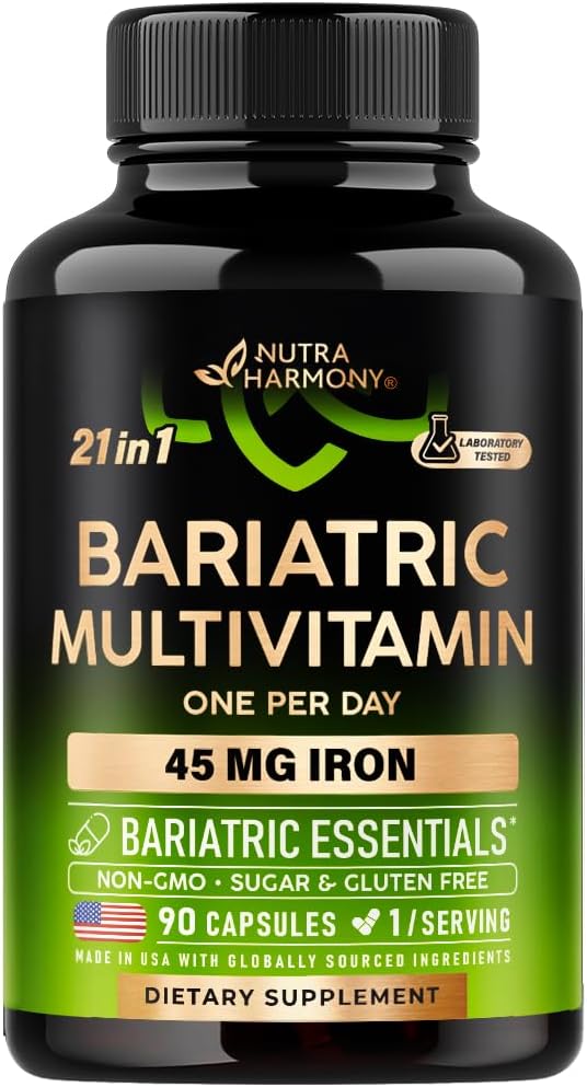 NUTRAHARMONY Bariatric Multivitamin - 45 מ"ג תוספת ברזל - מיוצר בארה"ב - עבור נשים וגברים - All-in-One, 21 ויטמינים חיוניים - תמיכה אולטרה סגול - Light Tropical Flavor - 90 קפסולות