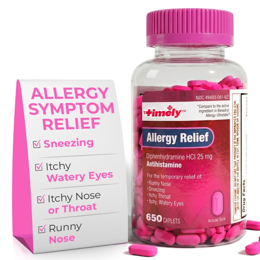 Time Allergy הקלה Diphenhydramine HCl 25 מ"ג - 650 Caplets - בהשוואה Benadryl Allergy Ultratab - Antihistamine - Allergy תרופות - Runny Nose הקלה למבוגרים - טיפול עיניים במים