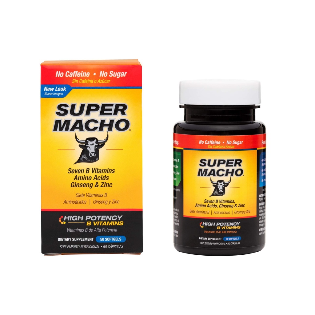 Super Macho Dietary Supplement with High Potency Zinc & 7 B ויטמינים, No Preservatives, Sugar or Caffeine, Made in USA, 50 Softgels (1 Pack)