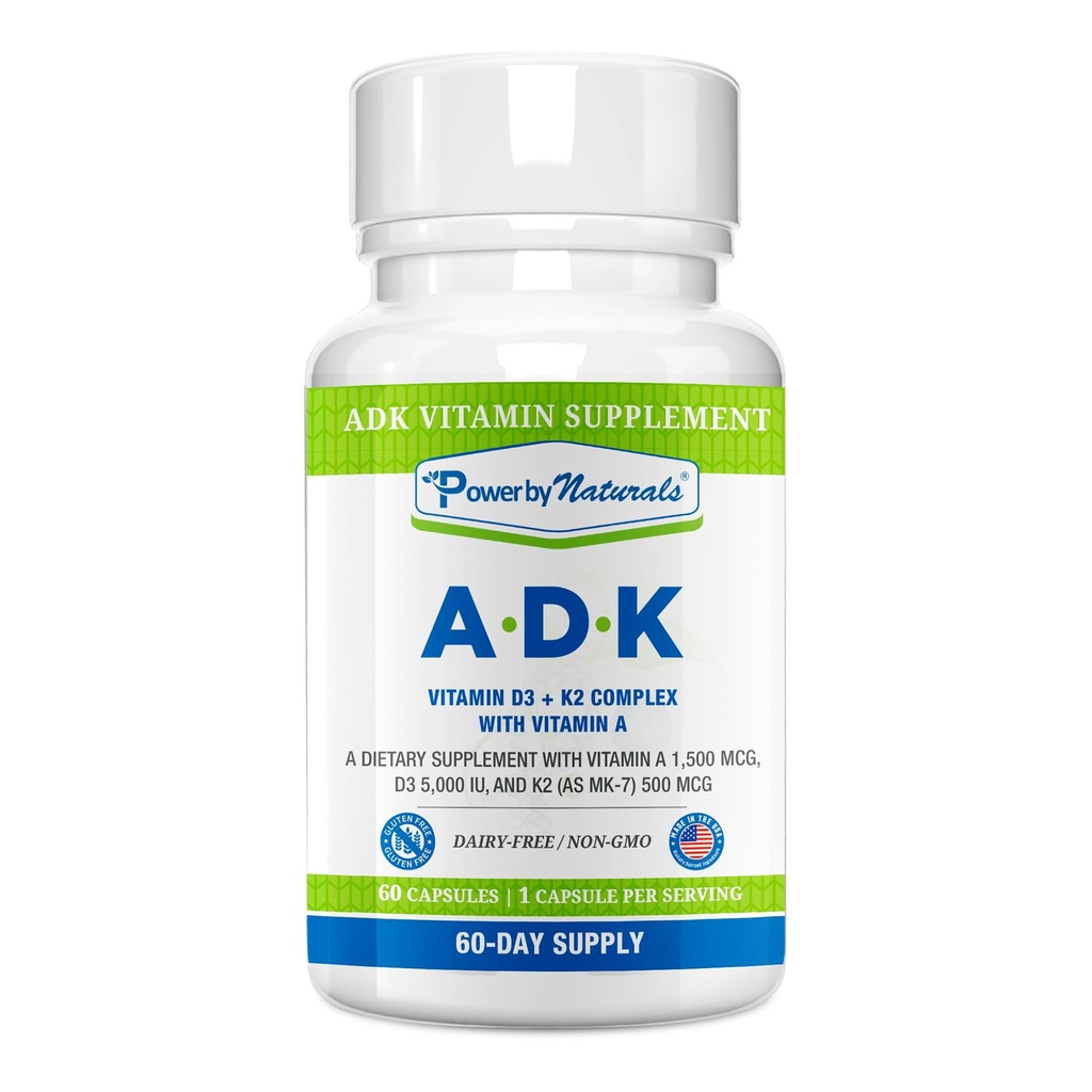 Power by Naturals ADK ויטמין תוסף - High Potency Band of VIT A D3 K2 ויטמין 5000 iu - תמיכה בעצם, לב ו- Immune Health - 60 קפסולות (2 חודשים אספקת)