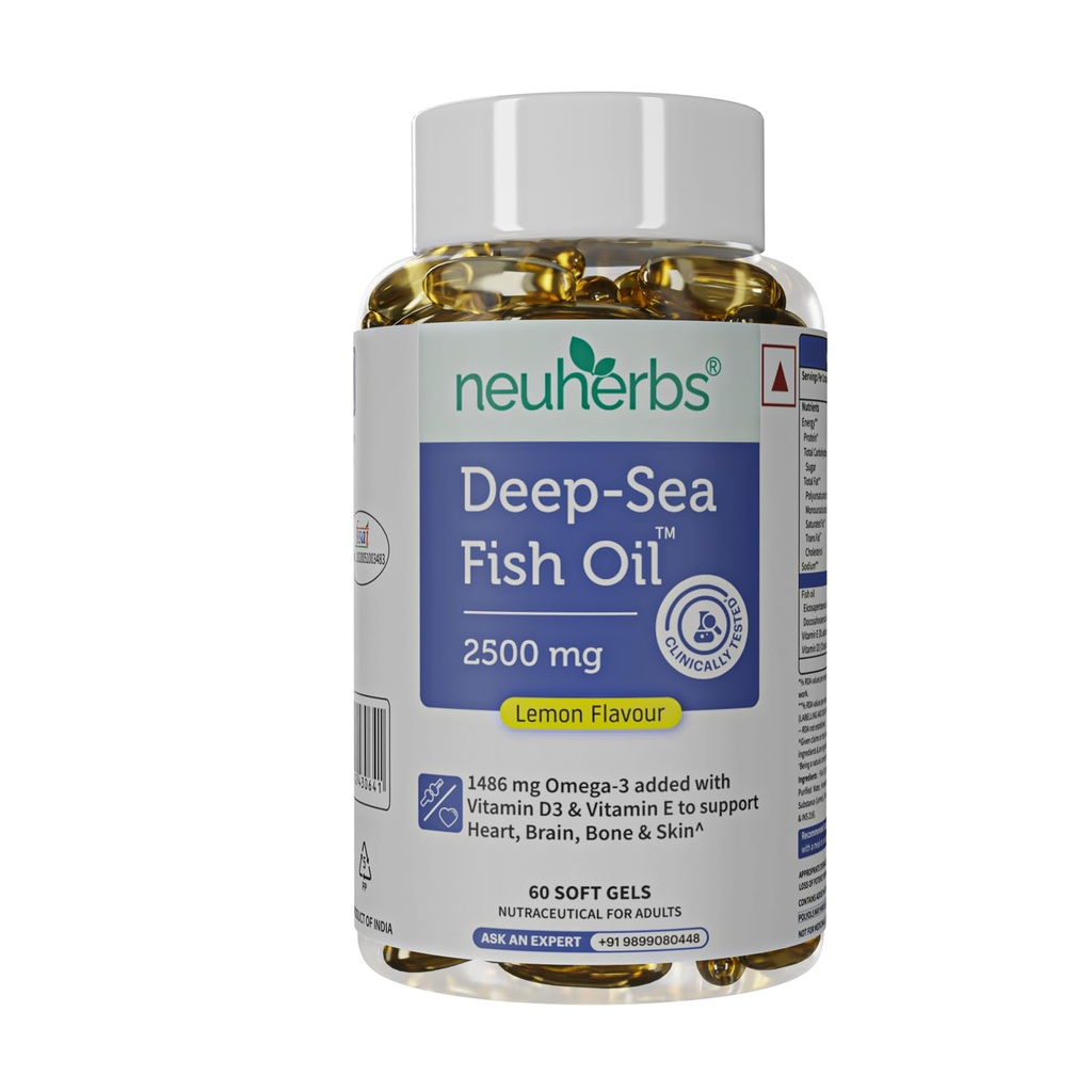 Neuherbs Deep Sea Fish שמן (60 Softgels) אומגה 3 תוספת תוספת של כוח משולש 2,500 מ"ג עבור שריר, מפרקים, לב ותמיכה קוגניטיבית; No Fishy Burps with Lemon Flavour for Men & Women