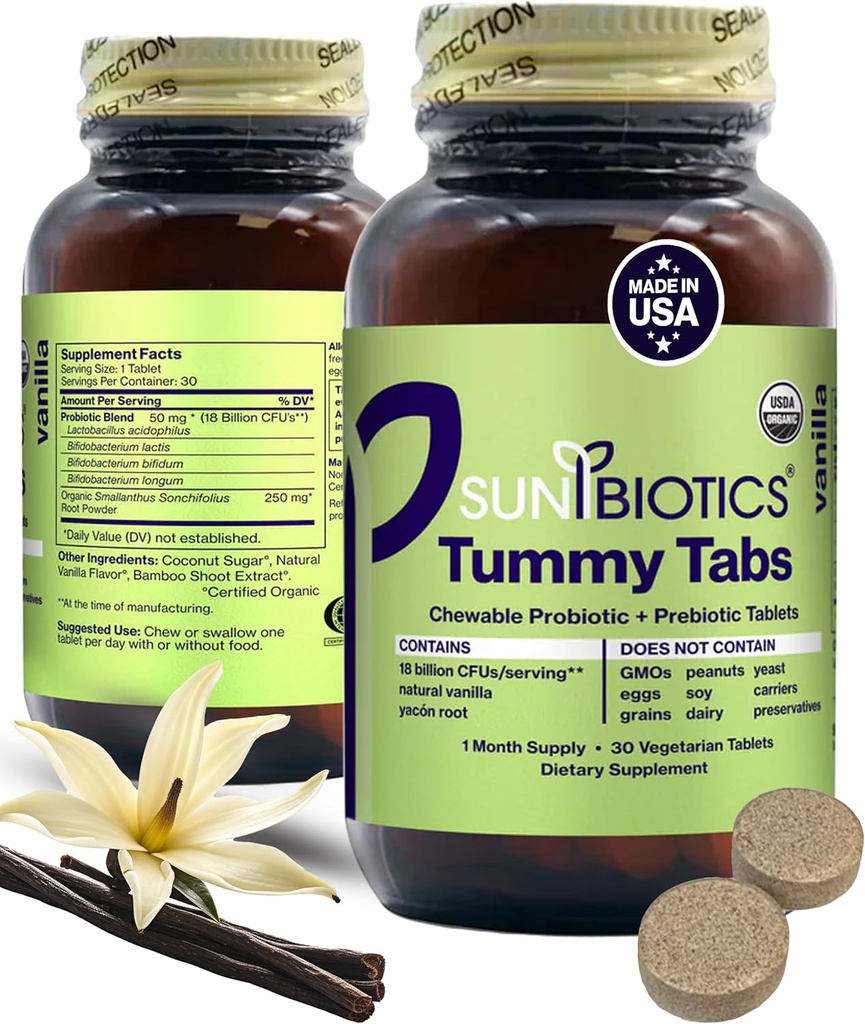 SunBIOTICS Tummy Tabs - טבליות פרוביוטיים ופרוביוטיים עם 18 מיליארד CFUs של 4 Probiotic Strains עבור Good Gut פלורה, מערכת החיסון, & Balanced Microbiome - וניל, (Pack of 1)