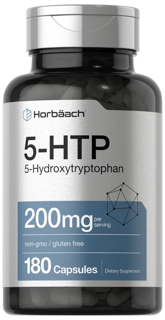 Horbäach 5HTP 200 מ"ג תוסף | 180 קפסולות | 5 hydroxytryptophan | Griffonia Simplicifolia | תוספת כוח | Non-GMO, Gluten Freeten Freeten