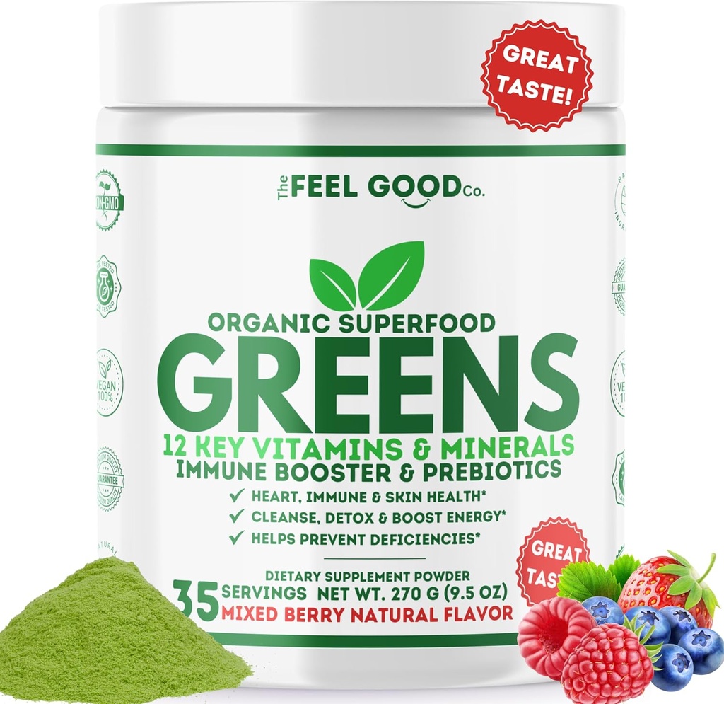 The Feel Good Super Greens אבקת - אורגני Green Juice, Grass No הוסיף סוכר, Spirulina, Chlorella, Probiotics, Enzyme, Antioxidant Rich, Immunity Boost Green Superfood, 35 SVG, Daily