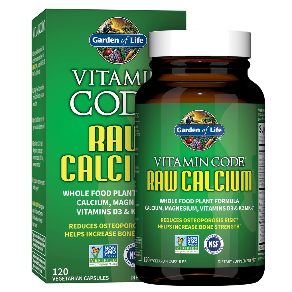 גן החיים Raw Calcium תוסף עבור נשים וגברים - קוד ויטמין עשוי ממזונות שלמים עם Magnesium, K2, ויטמין D3 ו- ויטמין C בתוספת Probiotics for Digestion, 120 קפסולות