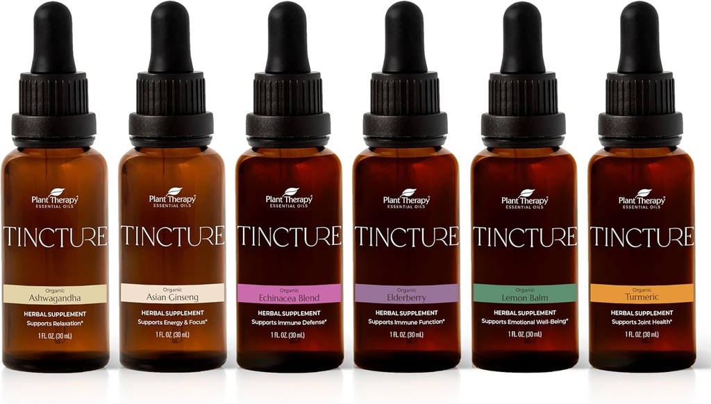 Plant Therapy Organic Tinctures Beginner להגדיר 30 mL כל אחד של אורגני אשוגנדה, אסיה גינזנג, Echinacea בלנדה, Elderberry, לימון Balm & Turmeric.