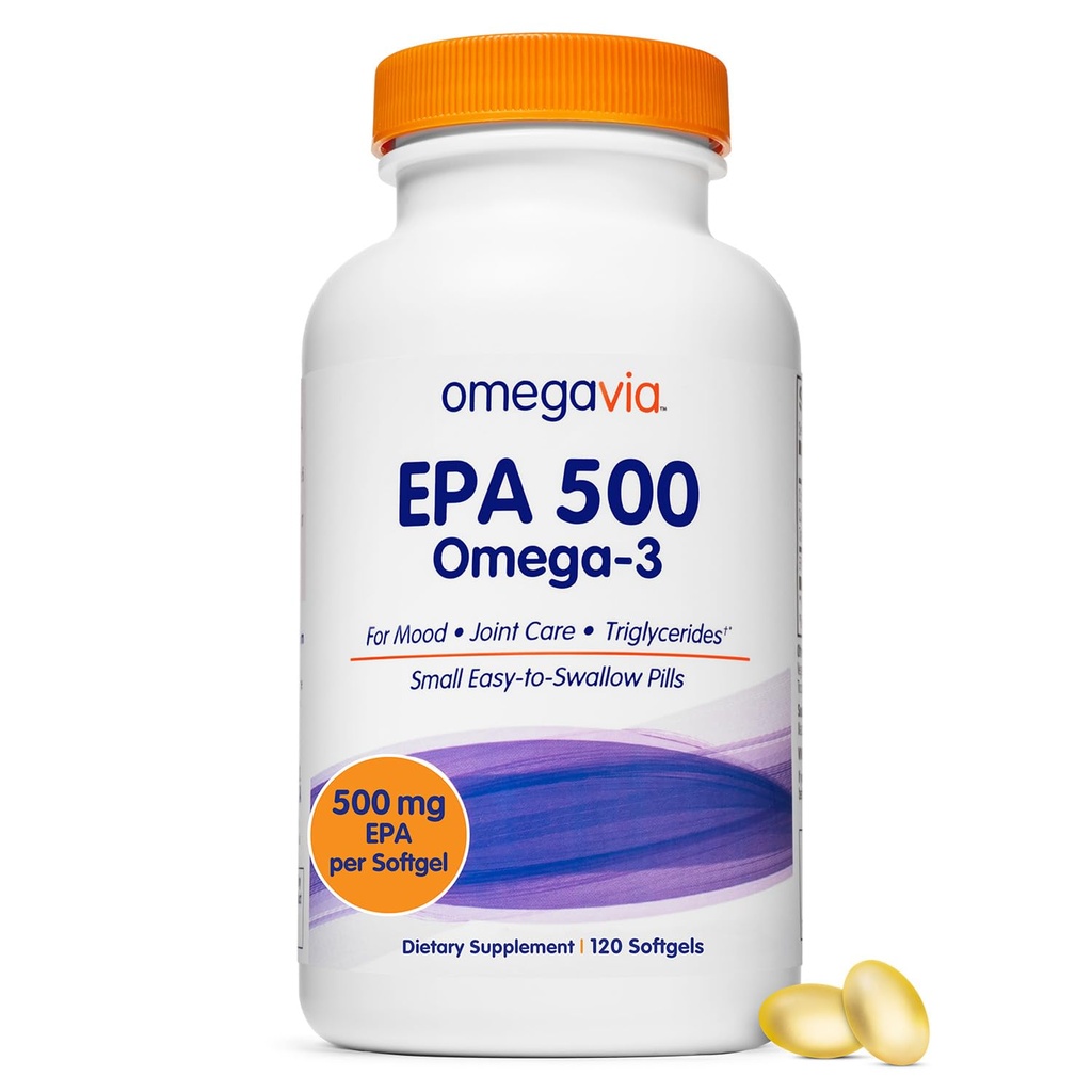 אומגהVia EPA 500, Purified אומגה 3 שמן שמן תוספת, 500 מ"ג EPA ב- Triglyceride Form, Burpless Fish Oil, non-GMO, Gluten-Free, IFOSStar, 120 Softgels