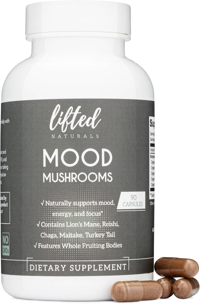 Mood Mushrooms - Lifted Mushroom תוסף - Lion's Mane, Reishi, Chaga, טורקיה Tail, Maitake - Energy, Focus, Stress Relief