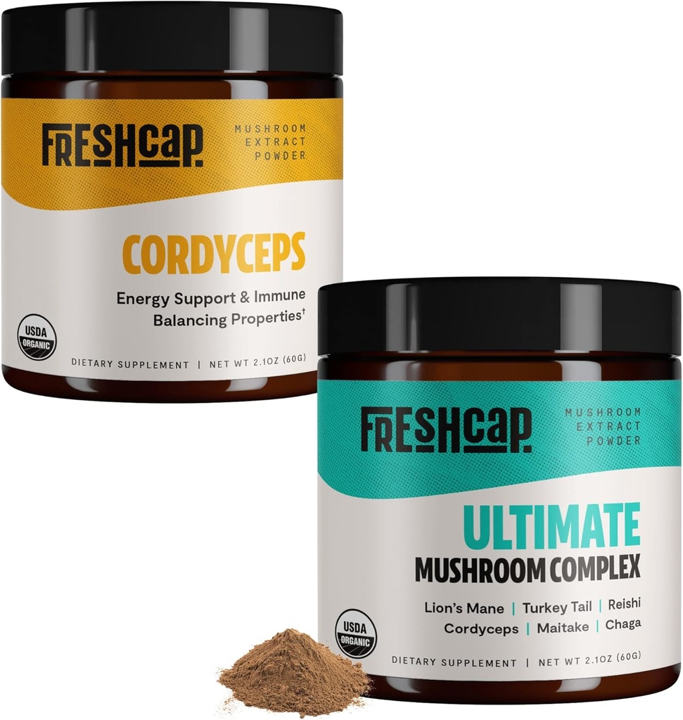 FreshCap Mushrooms Energy Bundle (Cordyceps אבקת ו- Ultimate Mushroom Complexאבקה)
