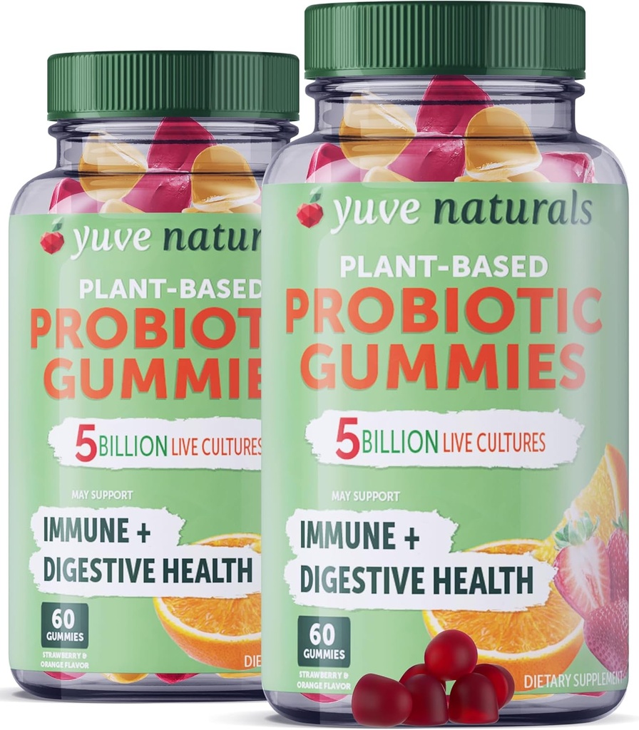 Yuve Vegan Probiotics, Probiotics for Women & Men, Sugar &ten-Free Gummy Probiotics, Digestive & Immune Support, 5 מיליארד CFU, מסייע עם עצירות, Bloating & Leaky Gut - 60ct (2 Pack)