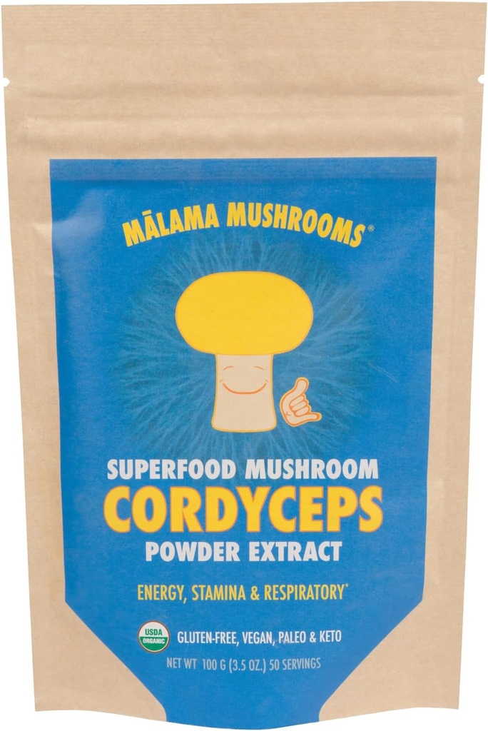 Cordyceps לחלץ אבקה על ידי מלאמה, אורגני פריינג גוף קורדיפס אבקת Mushroom, Superfood Fitogenic, תומך אנרגיה, אנדורנס & Mood, 100 משרתים