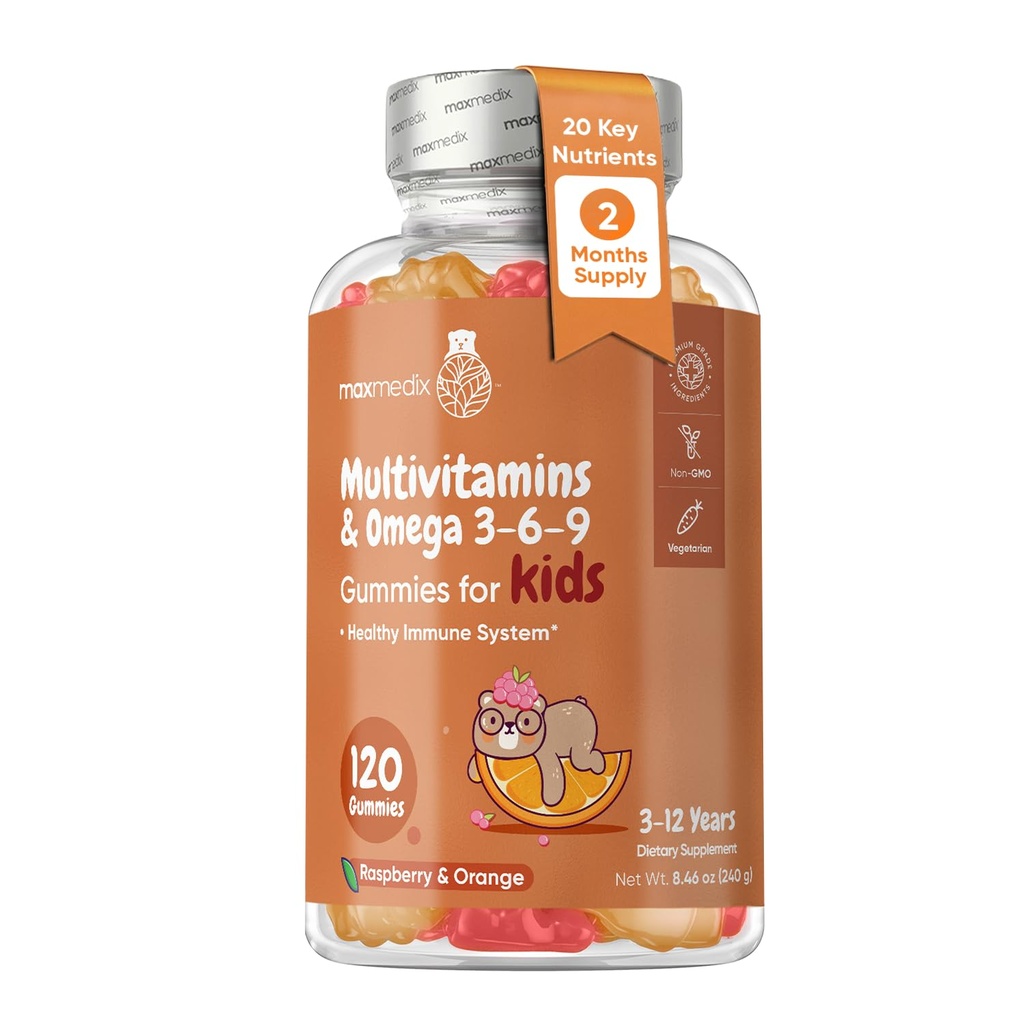 maxmedix Kids Multivitamin Gummies עם אומגה 3 6 9 - 120 חניכיים (60 משרתות) - חיוני ילדים ויטמין A, C, D & B12, מינרלים & חומרים מזינים - טבעי Raspberry & Orange Flavor - צד שלישי נבדק