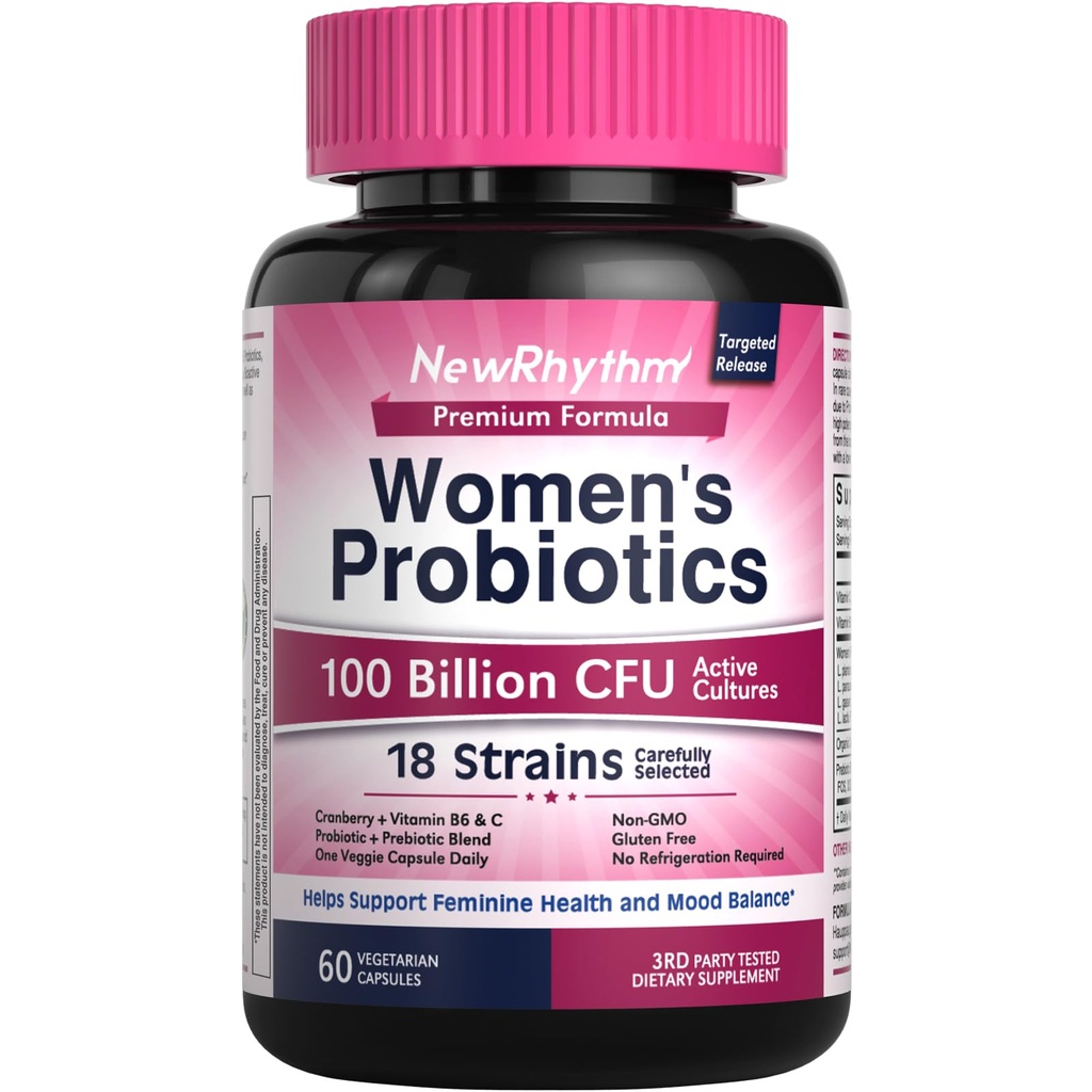 NewRhythm Probiotics for Women, P-5-P, ויטמין C & Organic Cranberry, 100 מיליארד CFU 18 סטרינס, Prebiotics & Vaginal Probiotics for Digestive Health & PH Balance, 60 קפסולות, ללא חלב