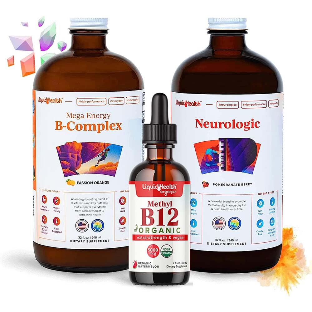 LIQUIDHEALTH Adult Focus & Energy נוזל ויטמין Bundle עם Mega Energy B-Complex, USDA אורגני Methyl B12 Drops, Neurologic nootropic Focus - Boost Energy, Mood - ארה"ב Made, טבעוני, non-GMO