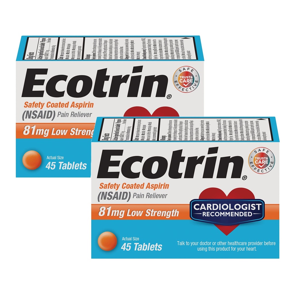 Etrin Low Power Safety Coated Aspirin, NSAID 81 מ"ג, 45 ספירה (2 Pack)