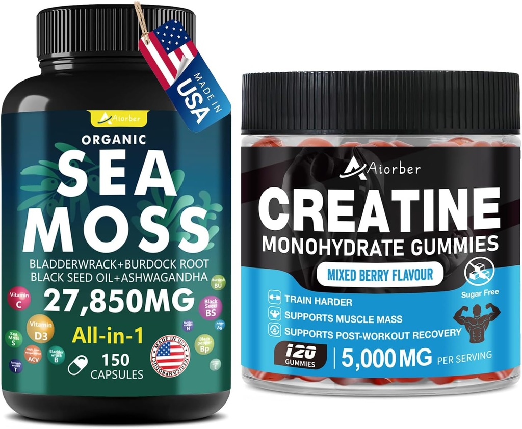 Sea Mossss & Creatine Monohydrate Gummies Bundle 270 Count - Organic Sea Mossss Black Seed Oil Aşhwagandha ג'ינג'ר & Creatine Monohydrate (2 Pack)