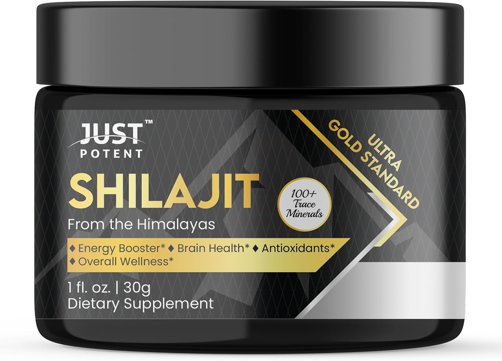 Just Potent Ultra Gold Standard Shilajit Resin Supplement - 100+ Trace Minerals | 600mg Per Serving, 50 Servings | Fulvic & Humic Acids, Brain Health, Antioxidant, Energy, and Overall Wellness